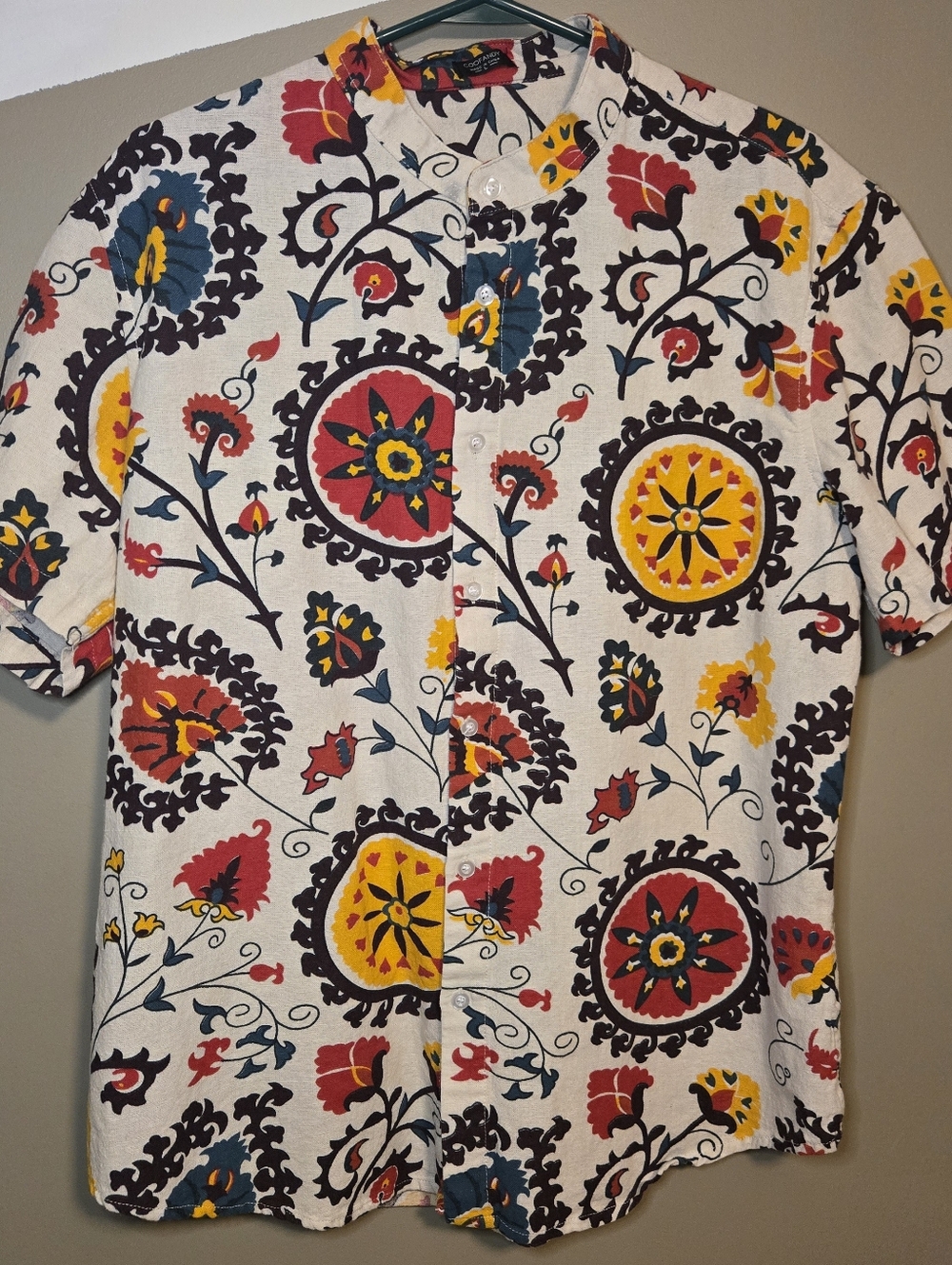 Coofandy Men's Granddad Collar  Linen Blend Button SS Floral Shirt Large